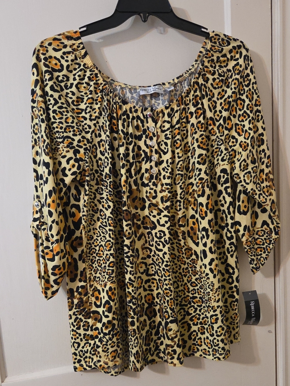 Rebecca Malone Yellow Leopard Print Peasant Top